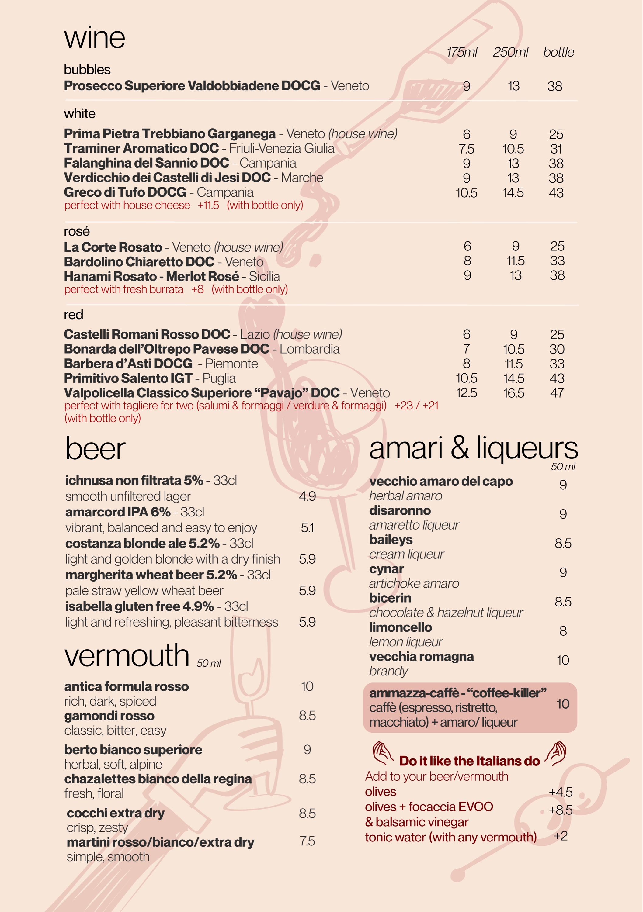 Wine, beer, amari, liqueurs, and vermouth