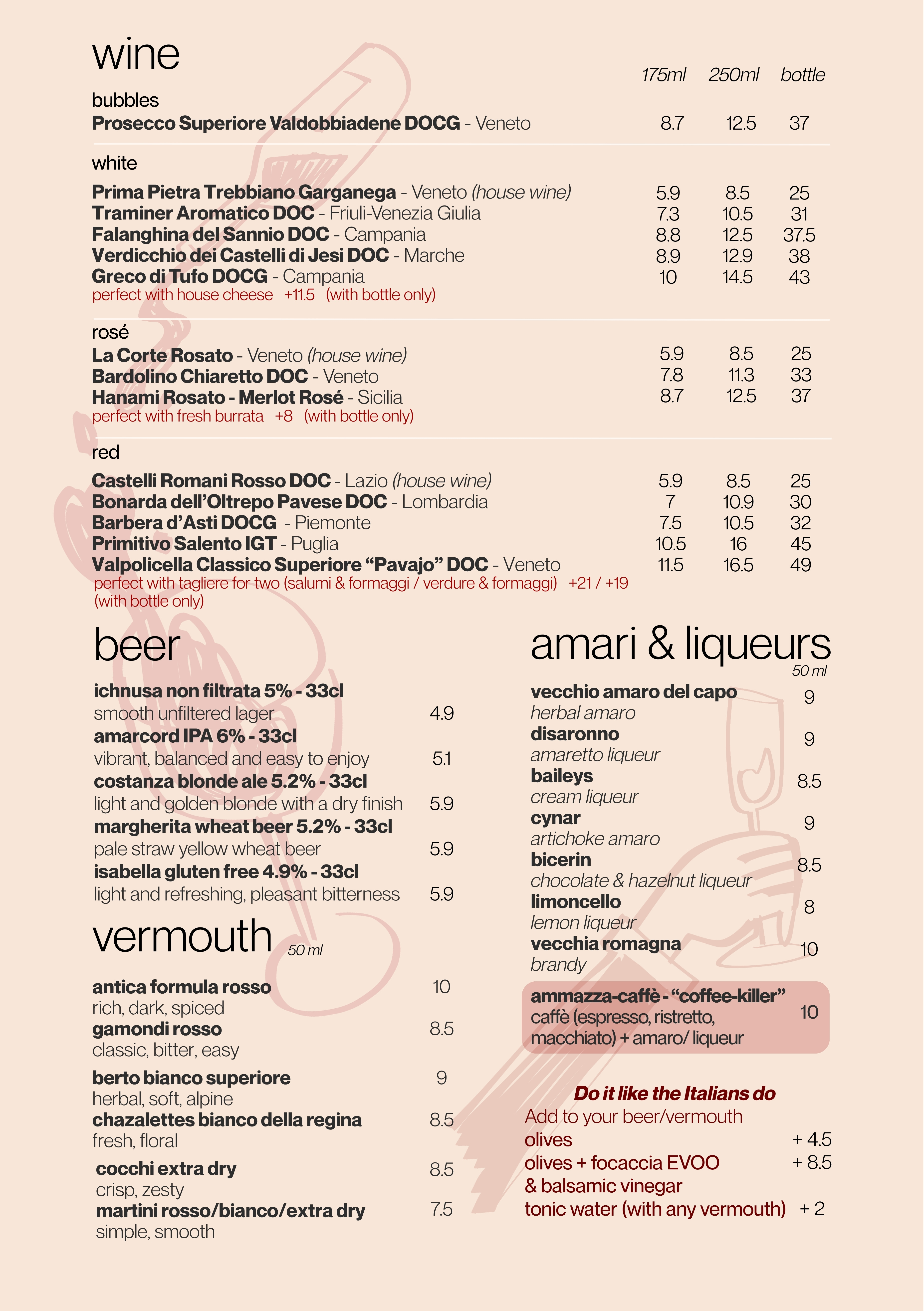 Wine, beer, amari, liqueurs, and vermouth